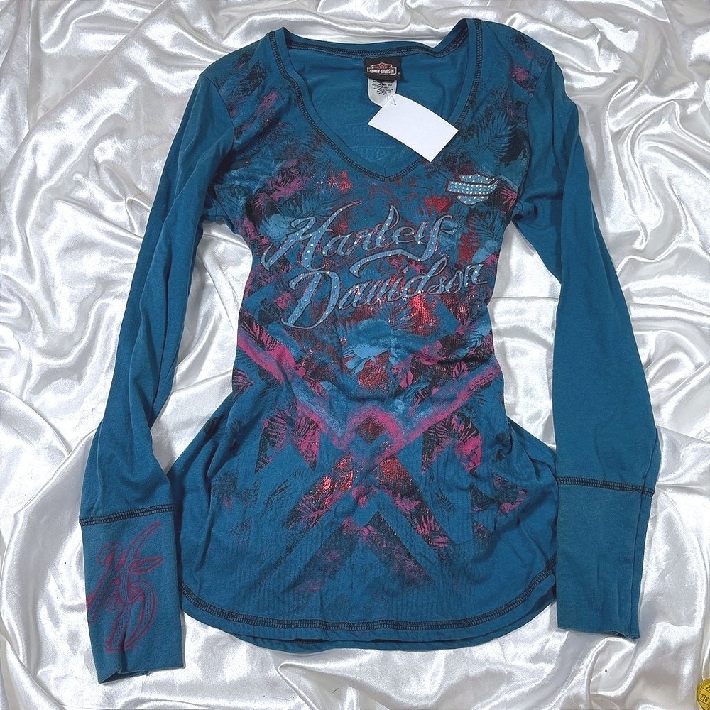 y2k Harley Davidson Top Blue Excellent Foil Graphic Rhinestone Long Sleeve M